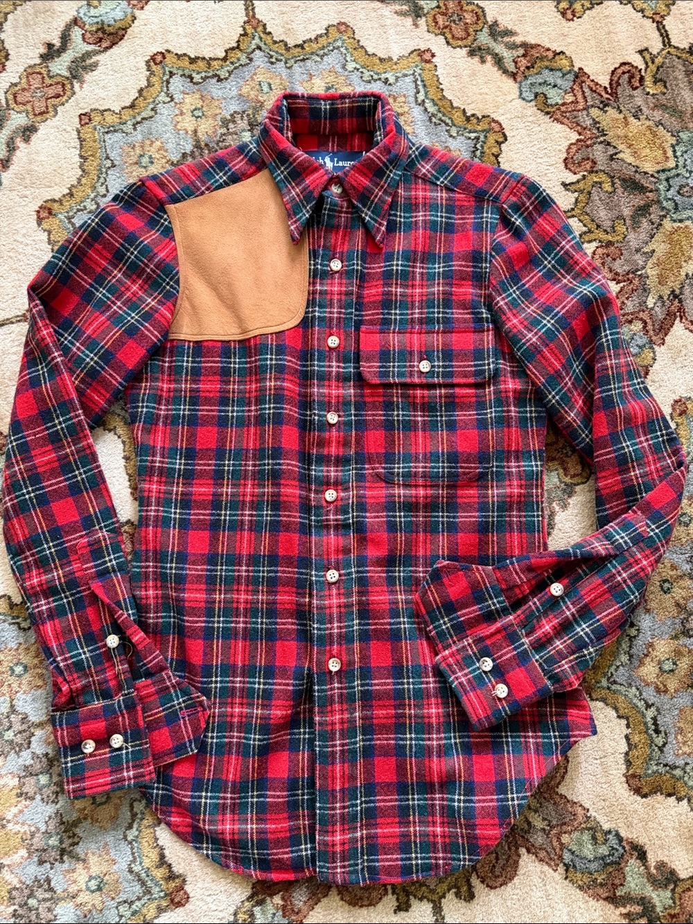 *VINTAGE* 1970's Ralph Lauren Red and Green Wool Plaid Button-Down Shirt.